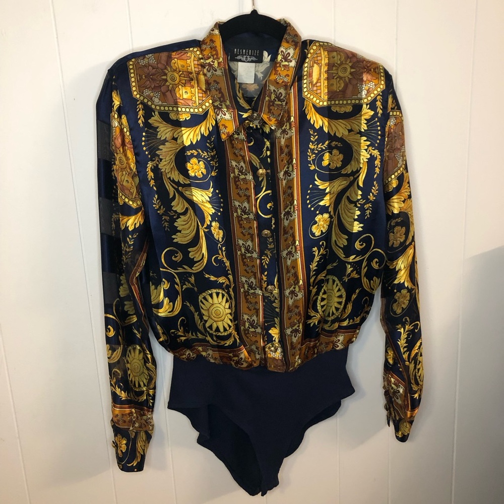 Mesmerize Vintage Gold and Navy Blouse Bodysuit Small